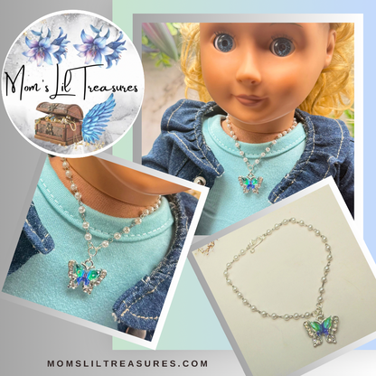 Turquoise Green Blue Butterfly Charm Pearl Beaded Doll Necklace • 18 Inch Fashion Doll Jewelry