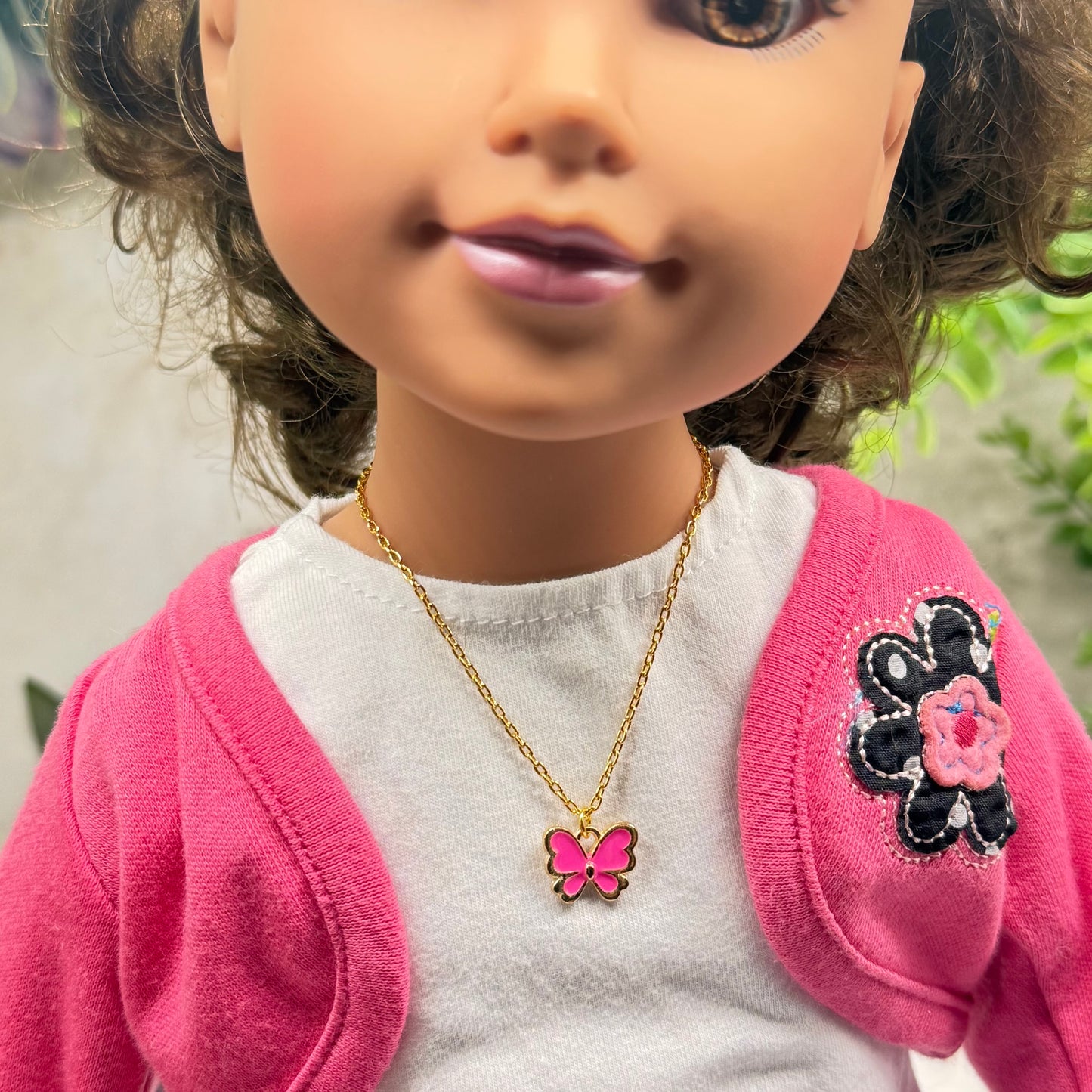 Pink Enamel Butterfly Charm Gold Doll Necklace • 18 Inch Fashion Doll Jewelry