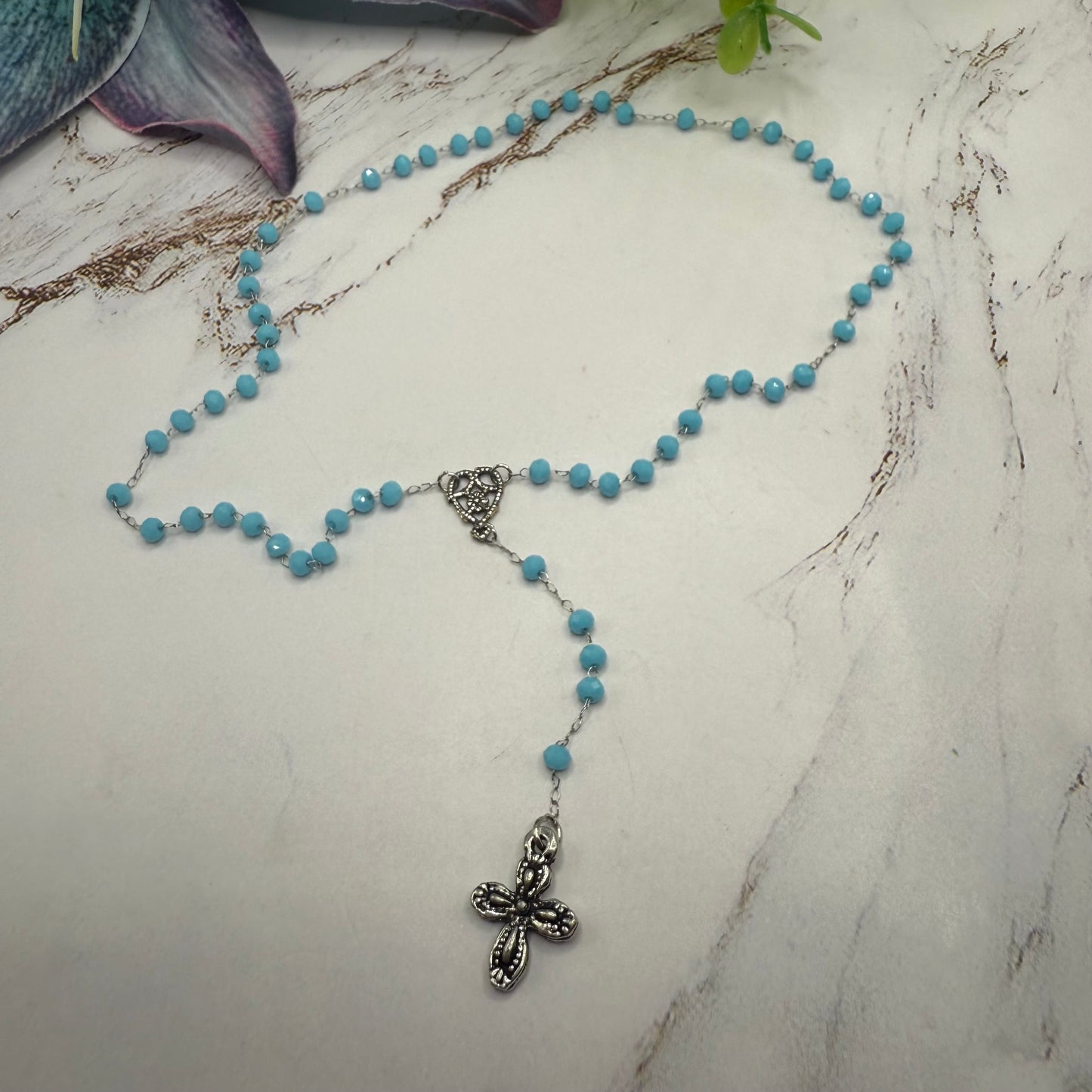 Turquoise Blue Glass Crystal Beaded Silver Chain & Cross • Doll Size Catholic Rosary for 18-22” Fashion or Vintage Dolls