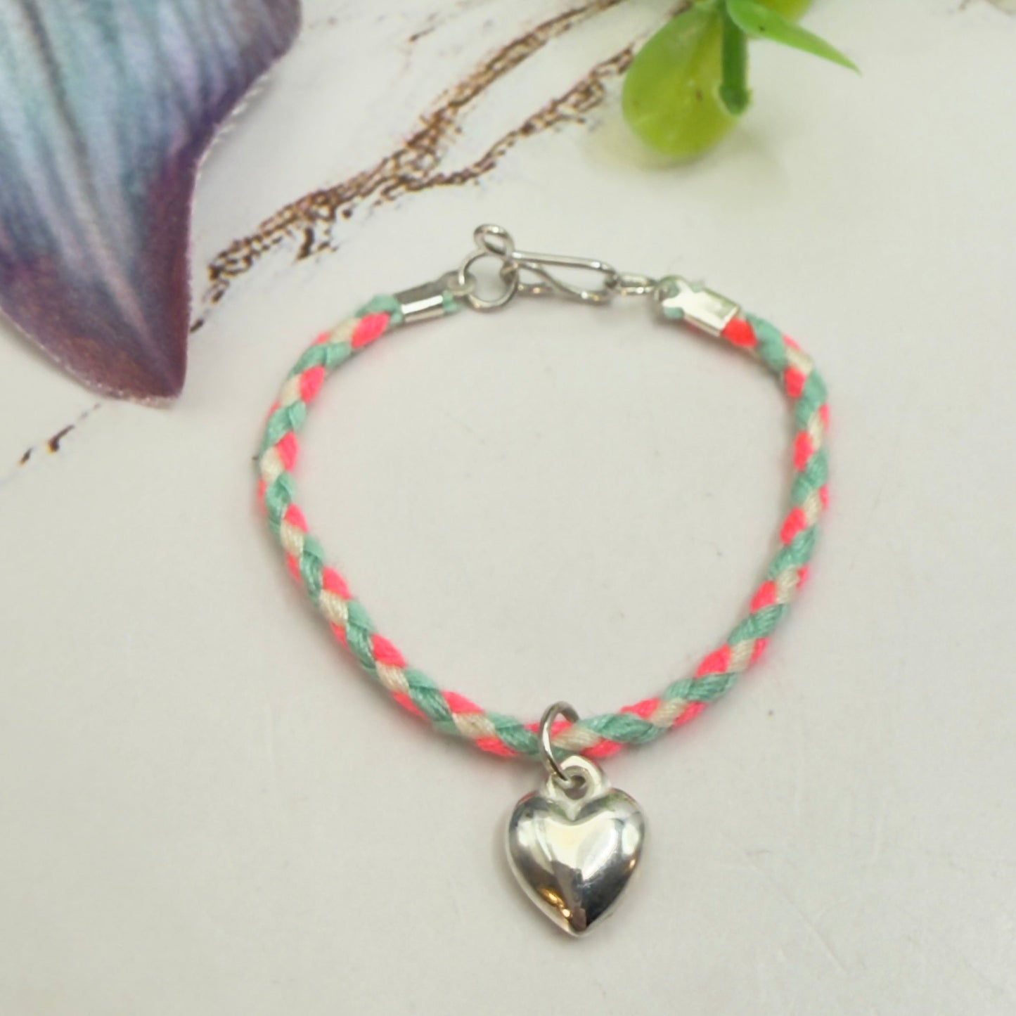 Pink Blue White Braided Thread Doll Necklace w/ Silver Heart Charm • 14 Inch Fashion Doll Jewelry
