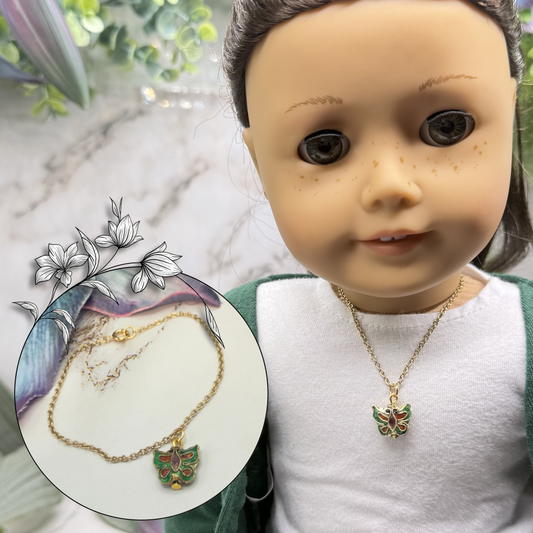 Green Multi Color Enamel Detail Butterfly Charm Gold Doll Necklace • 18 Inch Fashion Doll Jewelry