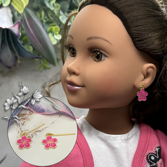 Bright Pink Sakura Cheery Blossom Flower Dangle Doll Earrings • 18 Inch Fashion Doll Jewelry