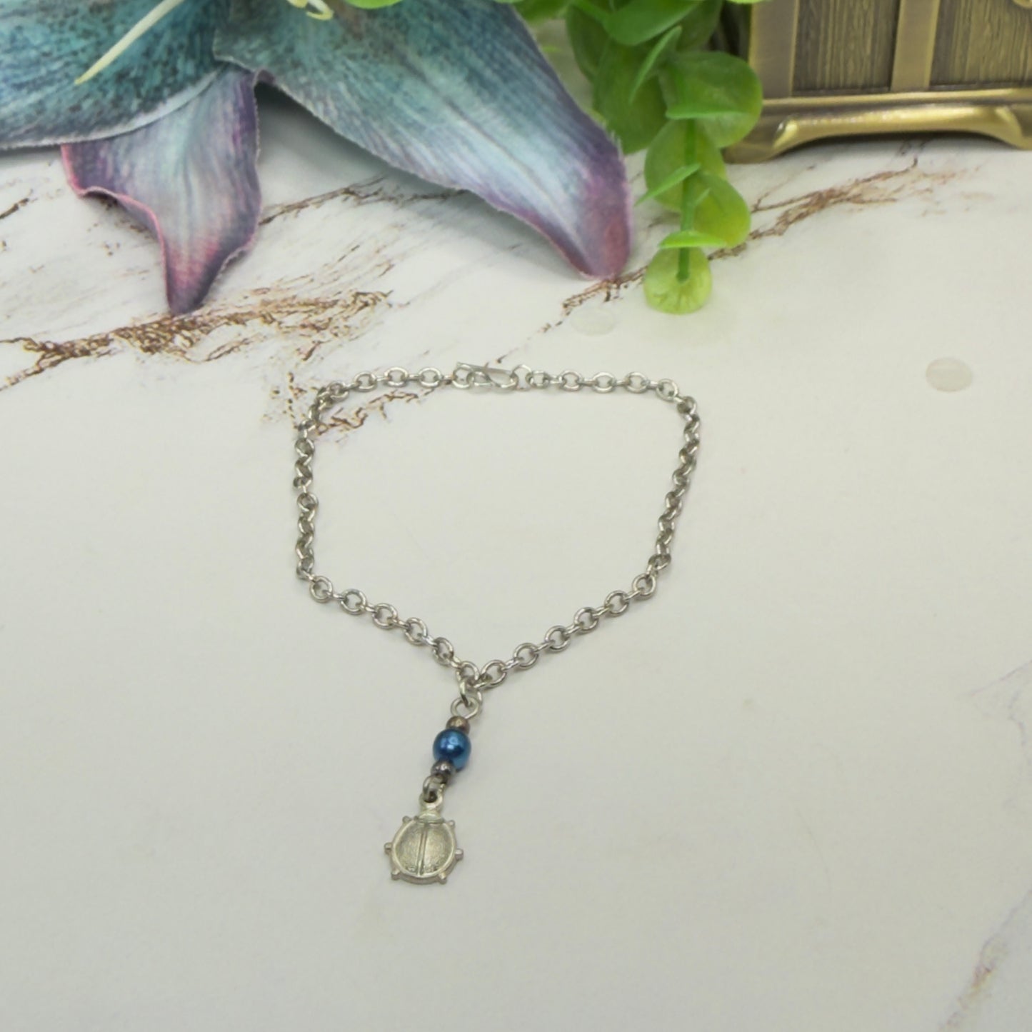 Silver Lady Bug Blue Pearl Charm Doll Necklace • 18 Inch Fashion Doll Jewelry