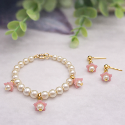 Light Pink Bell Flower Dangle Pearl Beaded Doll Necklace & Earrings • 14 Inch Fashion Doll Jewelry