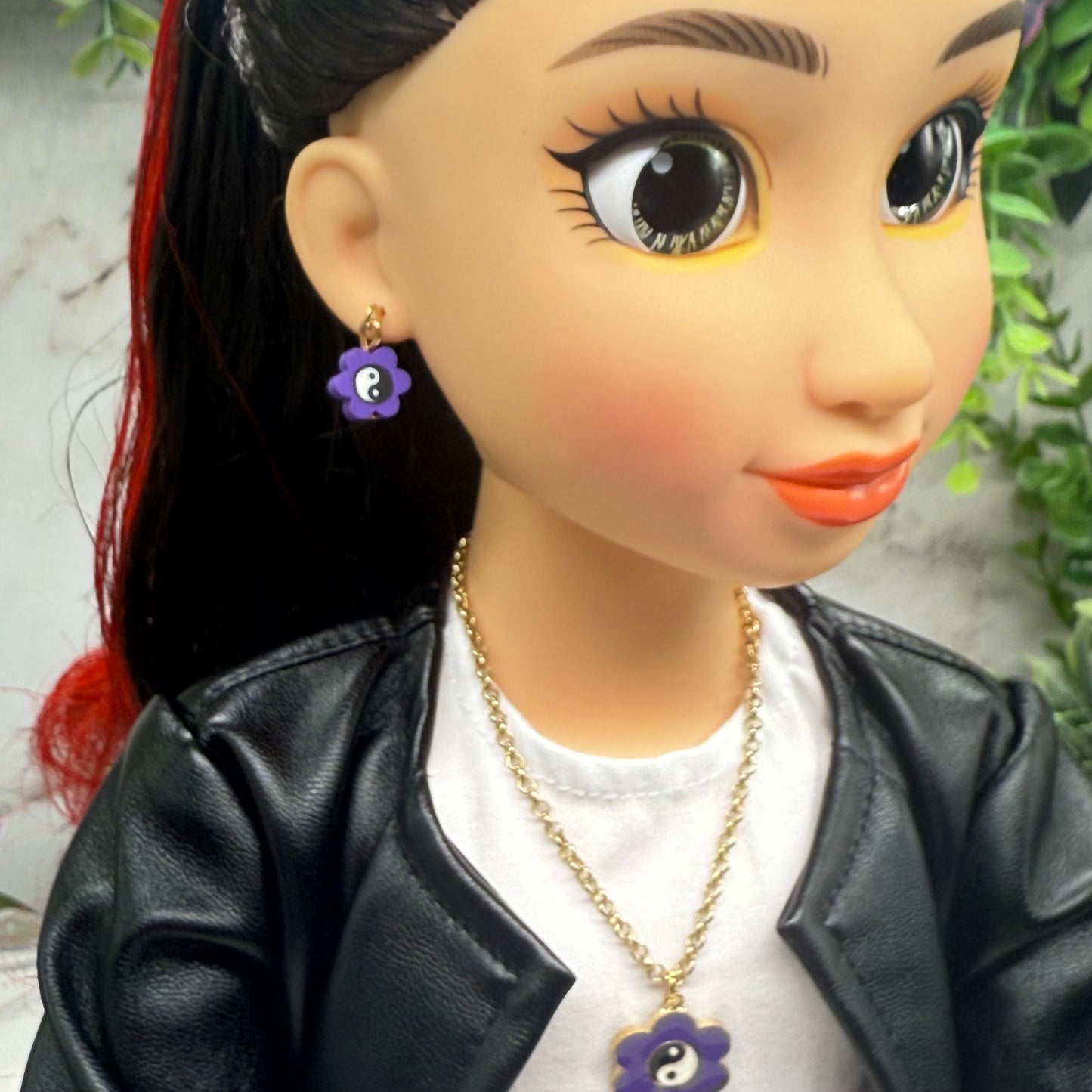 Yin-Yang Purple Flower Charm Doll Necklace &  Earrings • 18 Inch Fashion Doll Jewelry