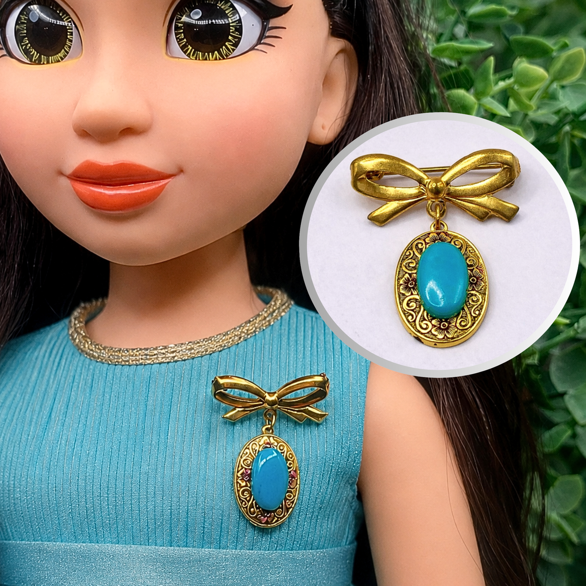 Turquoise Blue Acrylic Accent Gold Oval Filigree Design Dangle Doll Brooch