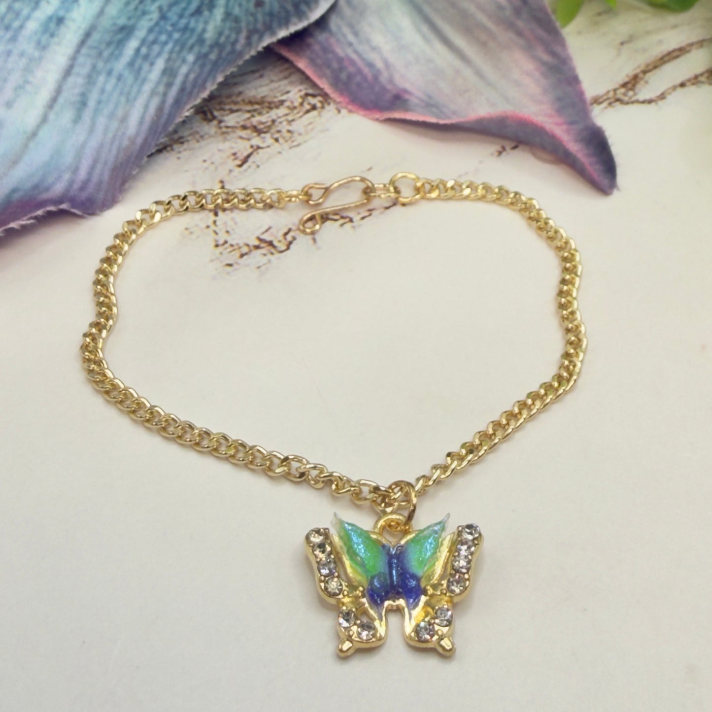 Blue Green Acrylic Butterfly Charm Rhinestone Accents Gold Chain Doll Necklace • 18 Inch Fashion Doll Jewelry
