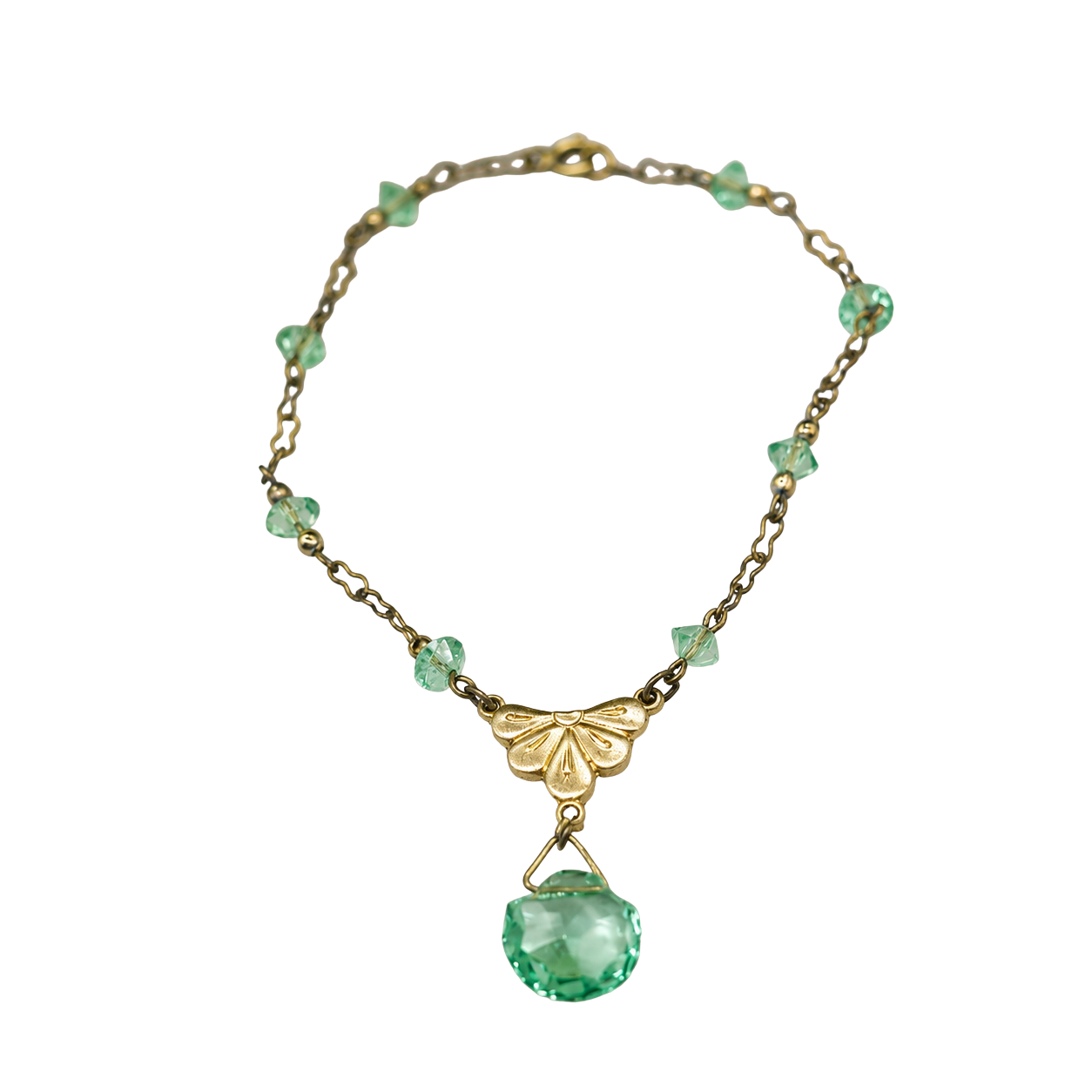 Green Glass Crystal Pendant Gold Doll Necklace • 18 Inch Fashion Doll Jewelry