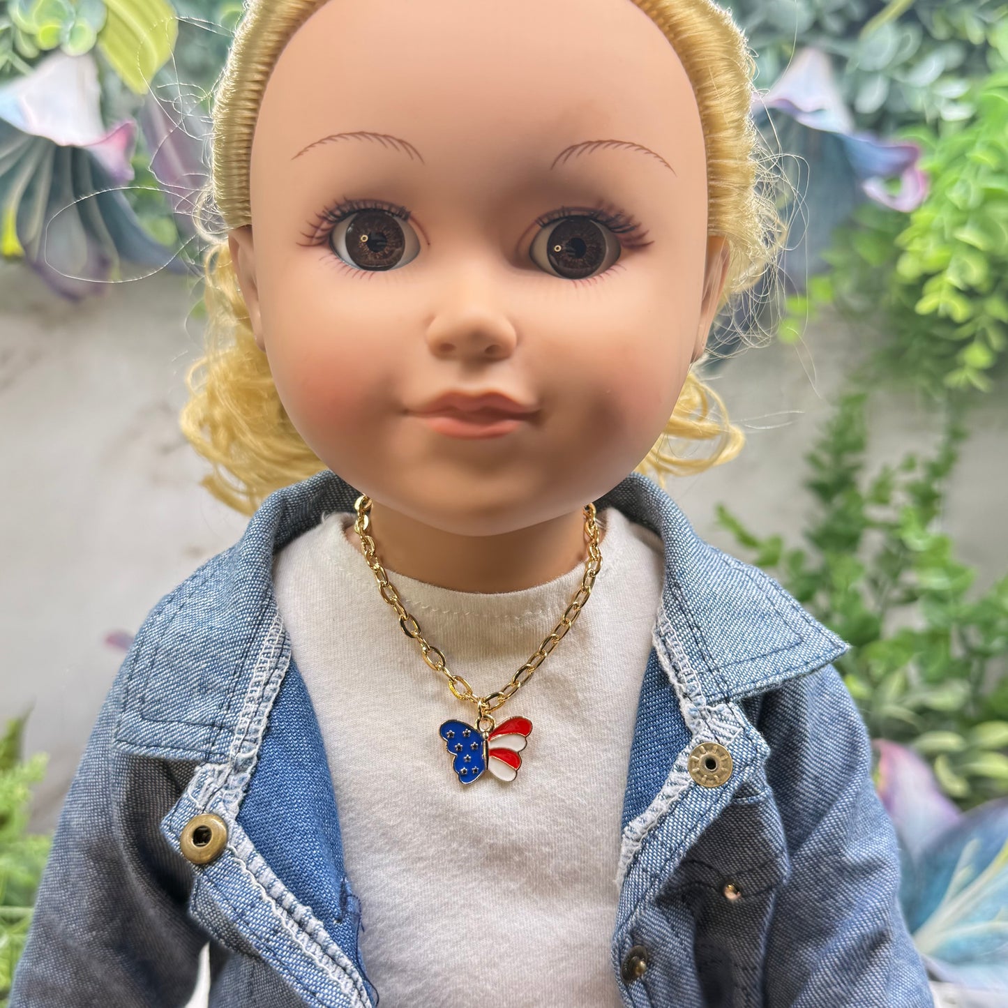 American Flag Red White Blue Butterfly Charm Doll Necklace for 18 Inch Fashion Doll