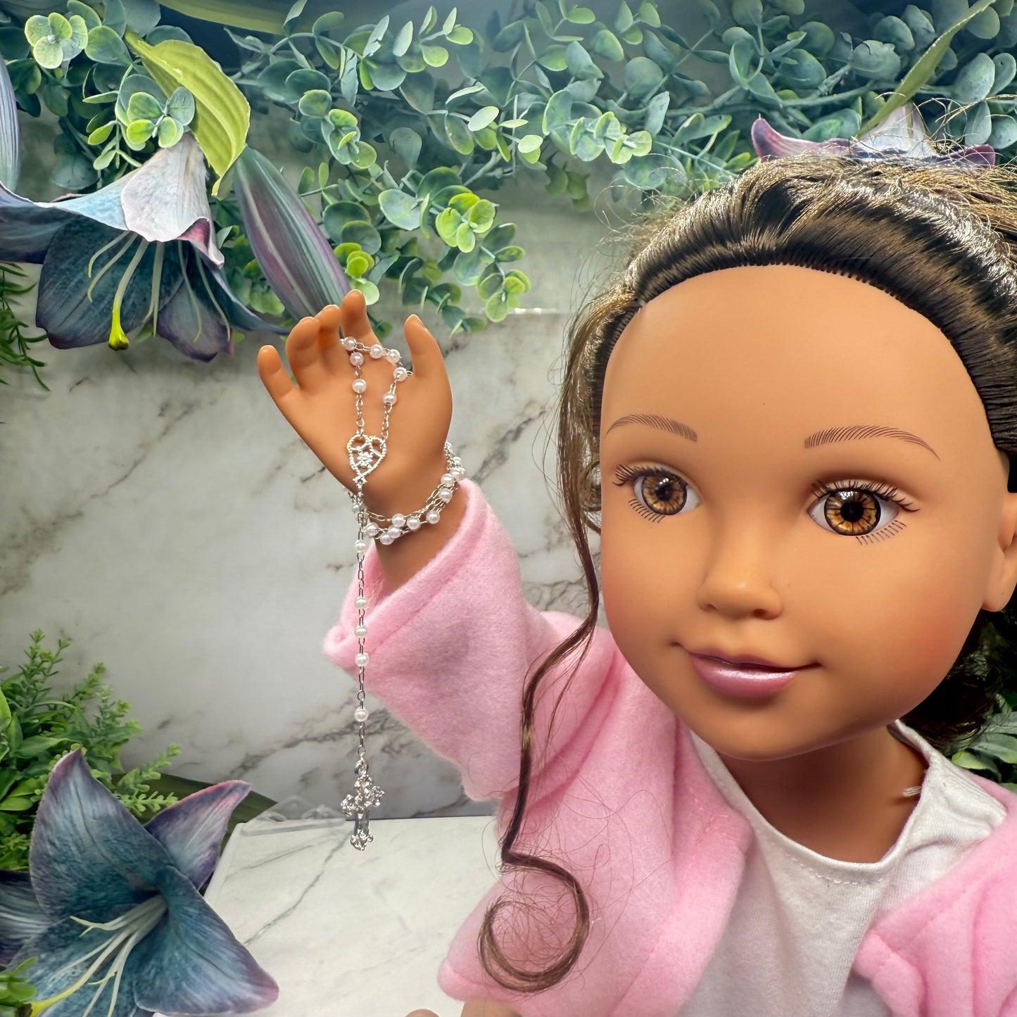 Pearl Beaded Silver Cross • Doll Size Catholic Rosary for 18-22” Fashion or Vintage Dolls