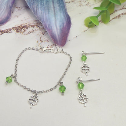 Silver Shamrock Charms Green Crystal Dangles Doll Necklace & Earrings • 14 Inch Fashion Doll Jewelry