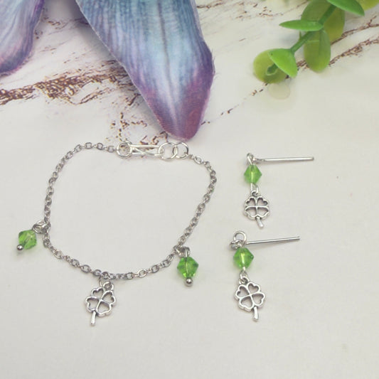 Silver Shamrock Charms Green Crystal Dangles Doll Necklace & Earrings • 14 Inch Fashion Doll Jewelry
