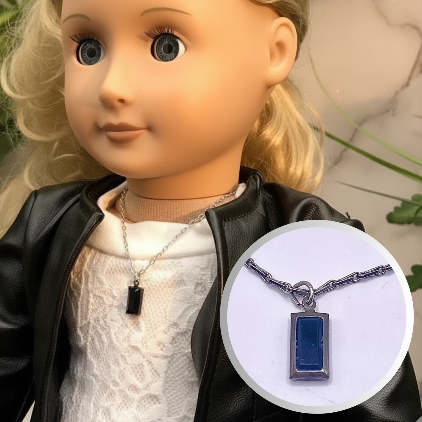 Black Glass Rectangular Pendant Silver Doll Necklace • 18 Inch Doll Jewelry