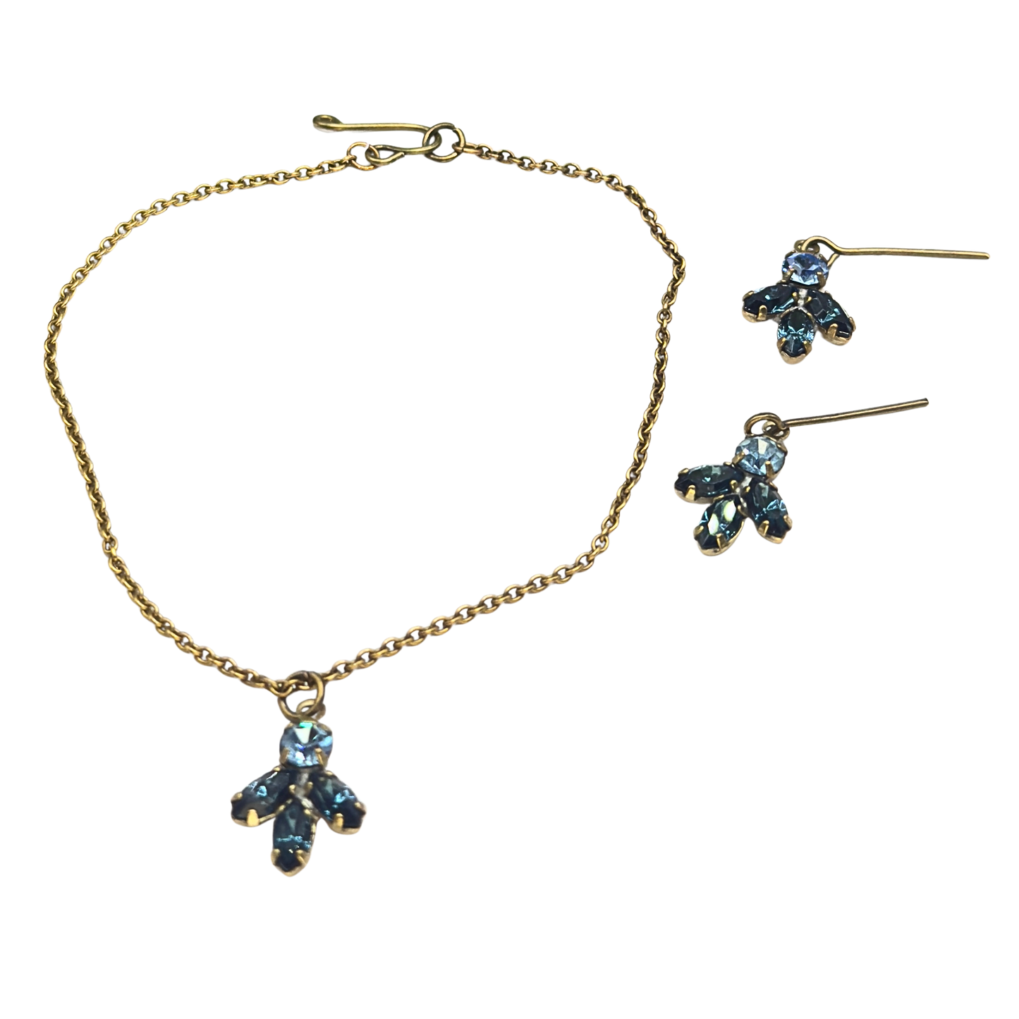 Dark & Light Blue Rhinestone Leaf Cluster Vintage Style Doll Necklace & Earrings • 18-22 Inch Fashion Vintage Doll Jewelry