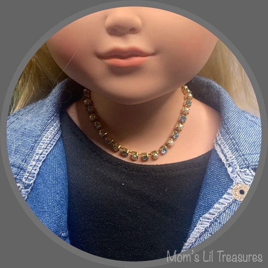 Turquoise Rhinestone & Pearl Doll Necklace • 18 Inch Fashion Doll Jewelry