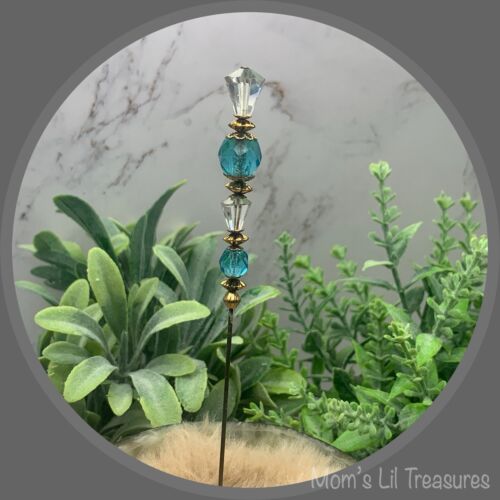 Turquoise Blue & Clear Crystal - Gold Tone Findings- 6” Pin • Hatpin - Stick Pin