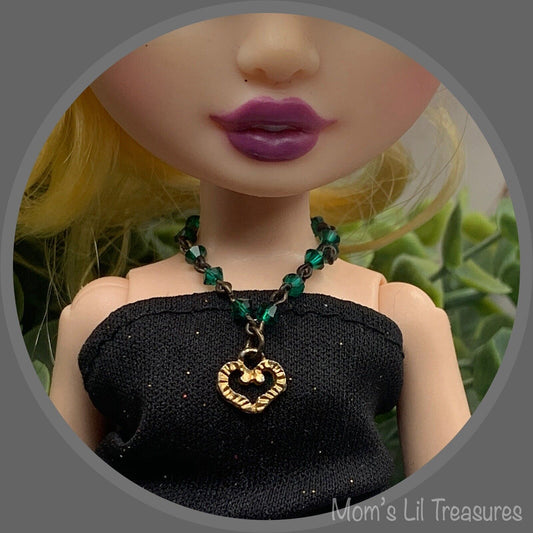 Green Bead Gold Heart Pendant Doll Necklace - RH • 10-12” Fashion Doll Jewelry