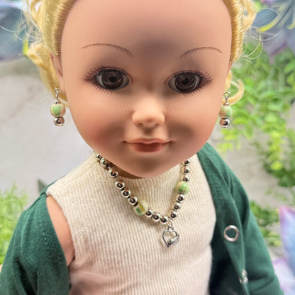 Green Swirl Pattern & Silver Beaded Winged Heart Charm Doll Necklace & Earrings Set • 18 Inch Fashion Doll Jewelry