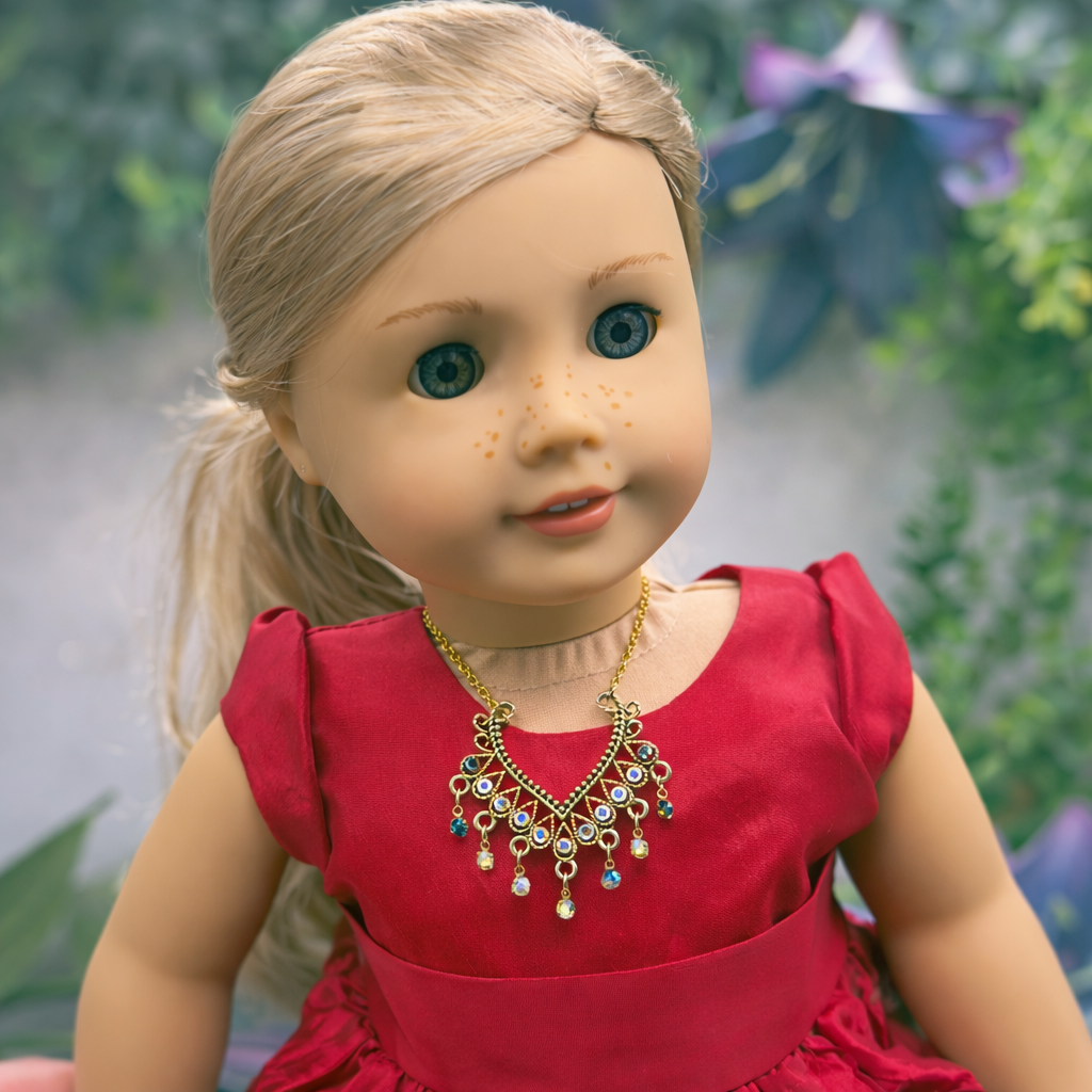 Collar-style Pendant Dangle Aurora Borealis Rhinestone Gold Chain Doll Necklace • 18 Inch Fashion Doll Jewelry