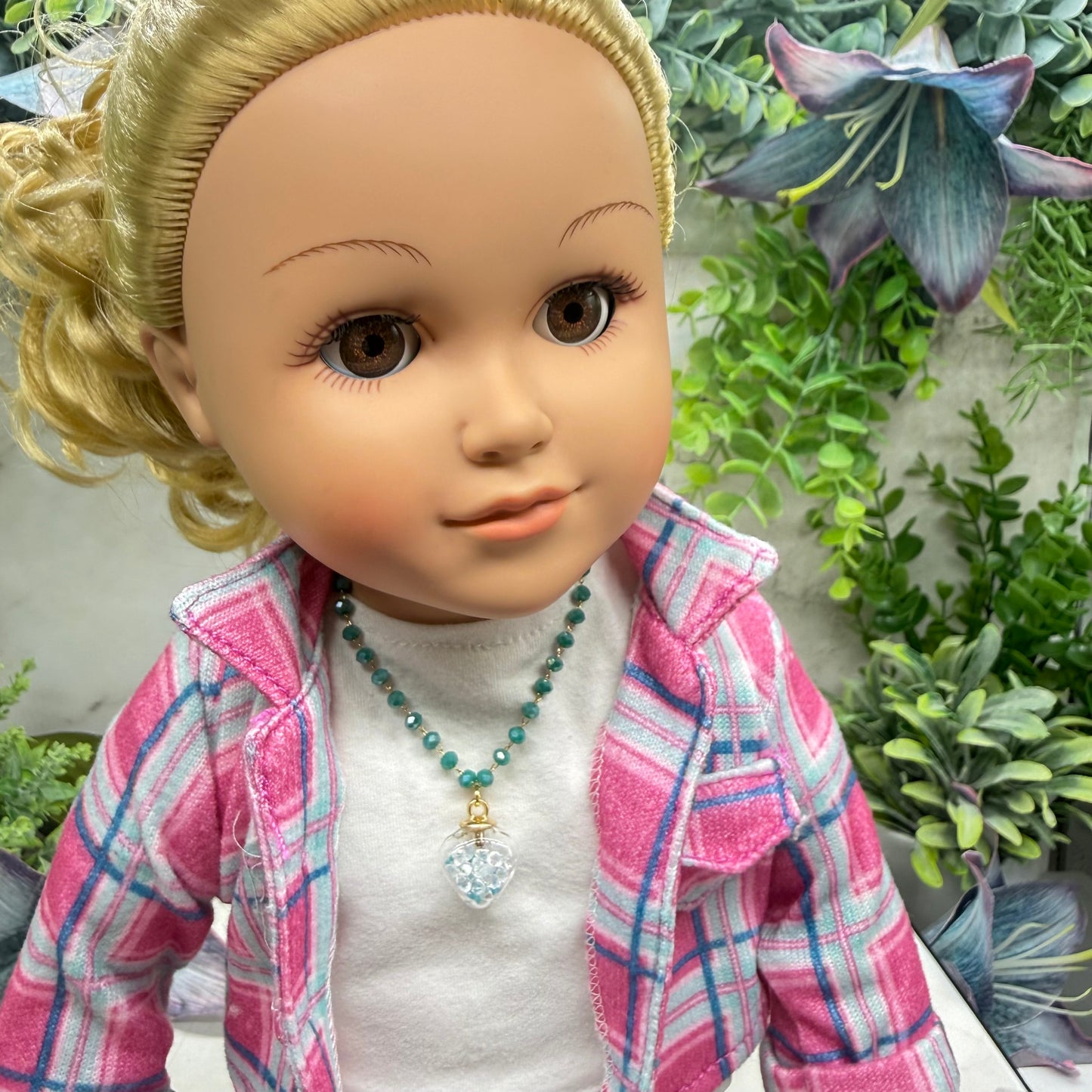 Clear Heart Charm W/ Crystals Turquoise Blue Glass Beaded Doll Necklace • 18 Inch Fashion Doll Jewelry