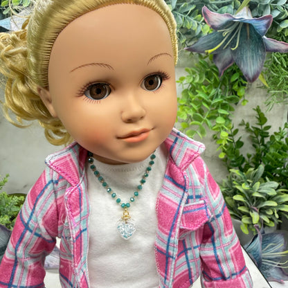 Clear Heart Charm W/ Crystals Turquoise Blue Glass Beaded Doll Necklace • 18 Inch Fashion Doll Jewelry