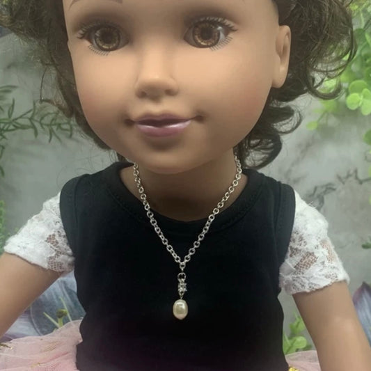 Pearl & Rhinestone Pendant Silver Chain Doll Necklace • 18” Fashion Doll Jewelry