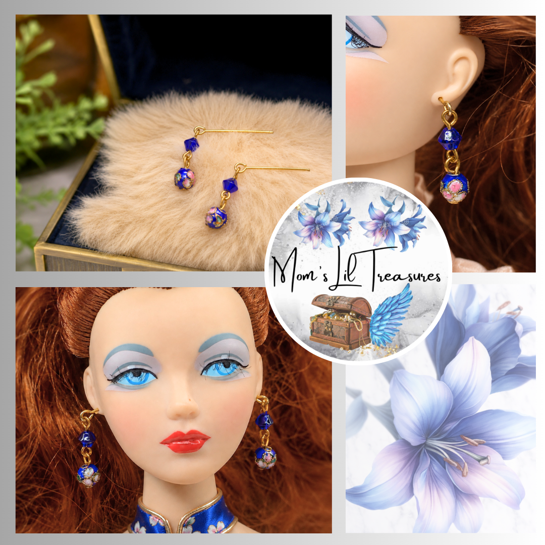 Dark Blue Cloisonné Flower Design Doll Earrings • 16 Inch Fashion Doll Jewelry