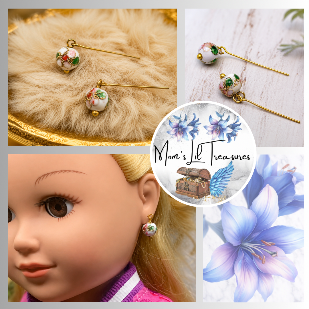 Pink White Flower Cloisonné Design Dangle Doll Earrings • 18 Inch Doll Jewelry