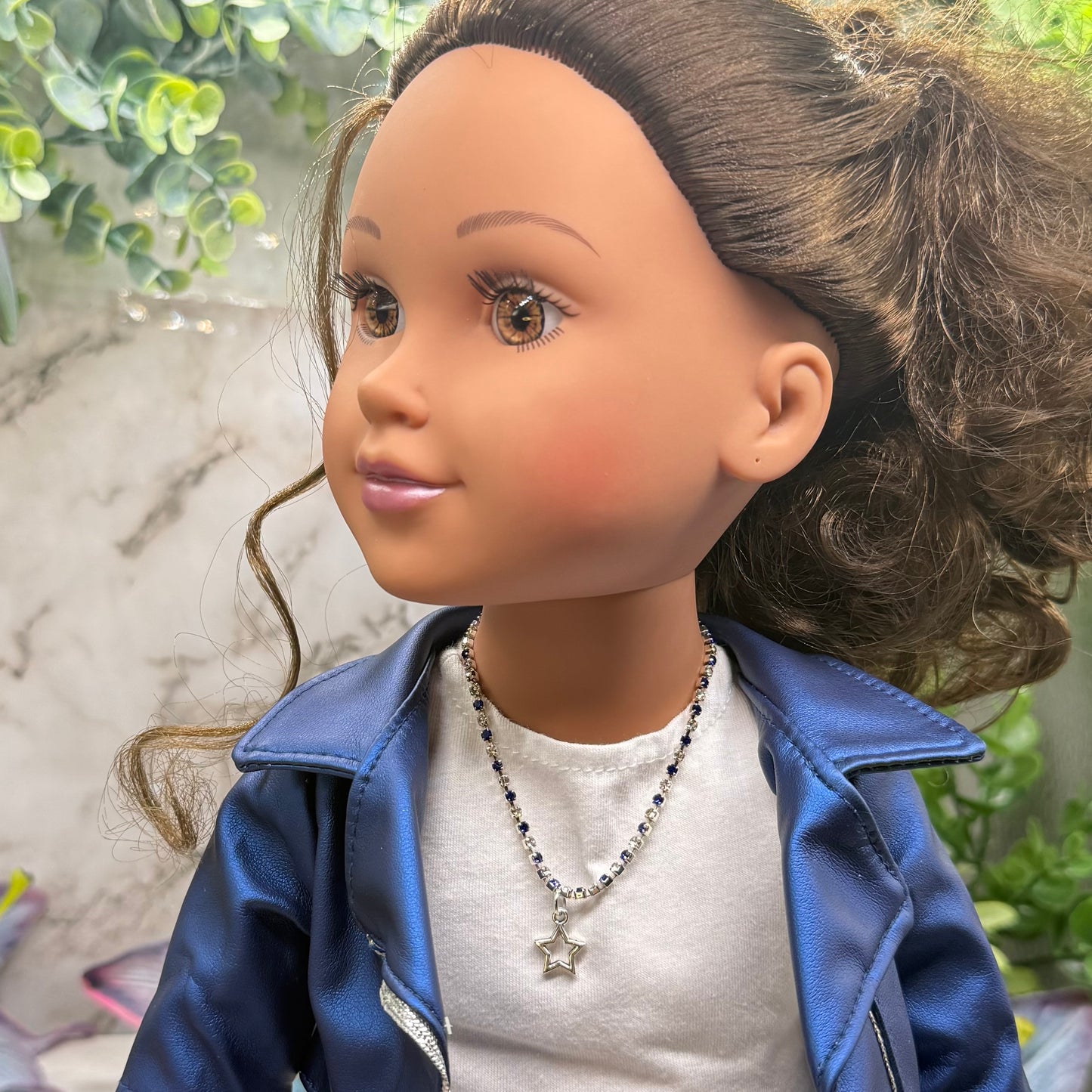 Blue & Clear Rhinestone Silver Star Charm Doll Necklace for 18 Inch Fashion Doll