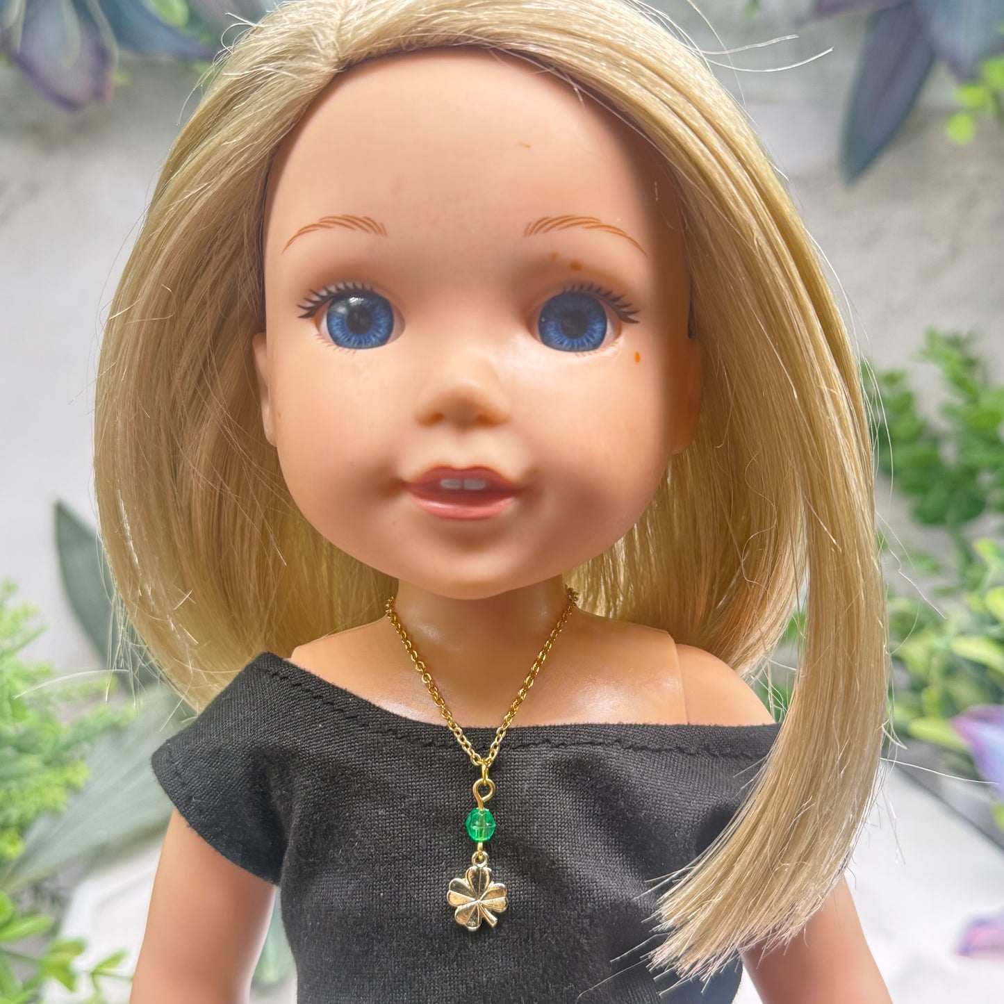 Gold Clover Charm Green Crystal Accent Doll Necklace • 14 Inch Fashion Doll Jewelry