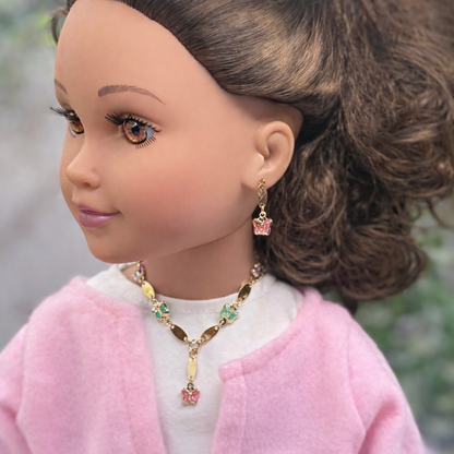 Multi Color Acrylic Crystal Butterfly Charm Gold Oval Link Doll Necklace & Earrings Set for 18 Inch Fashion Dolls