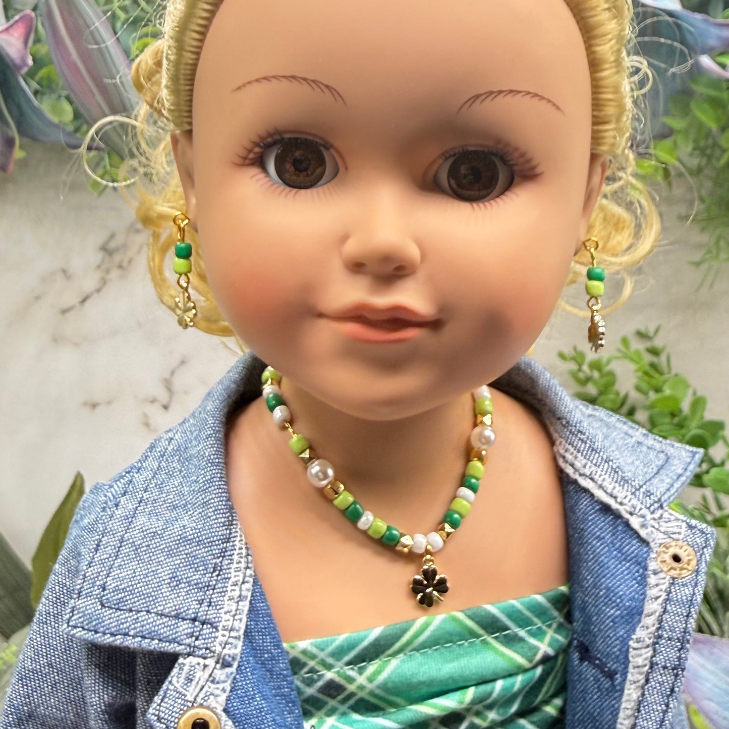 Green White Beaded Gold Shamrock Doll Necklace & Earrings Set • 18 Inch Fashion Doll Jewelry