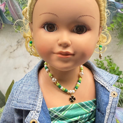 Green White Beaded Gold Shamrock Doll Necklace & Earrings Set • 18 Inch Fashion Doll Jewelry