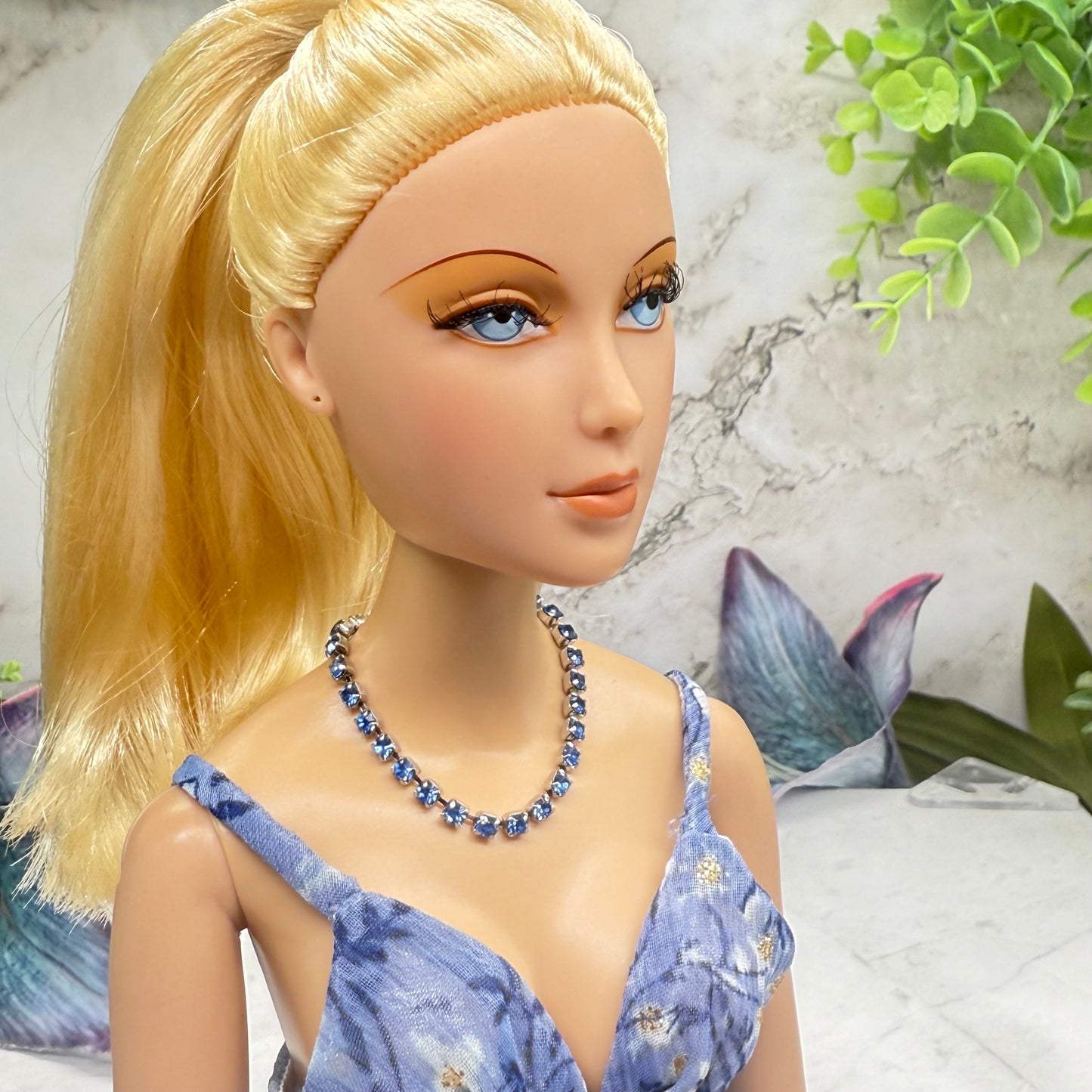 Blue Rhinestone Silver Doll Necklace • 16 Inch Fashion Doll Jewelry