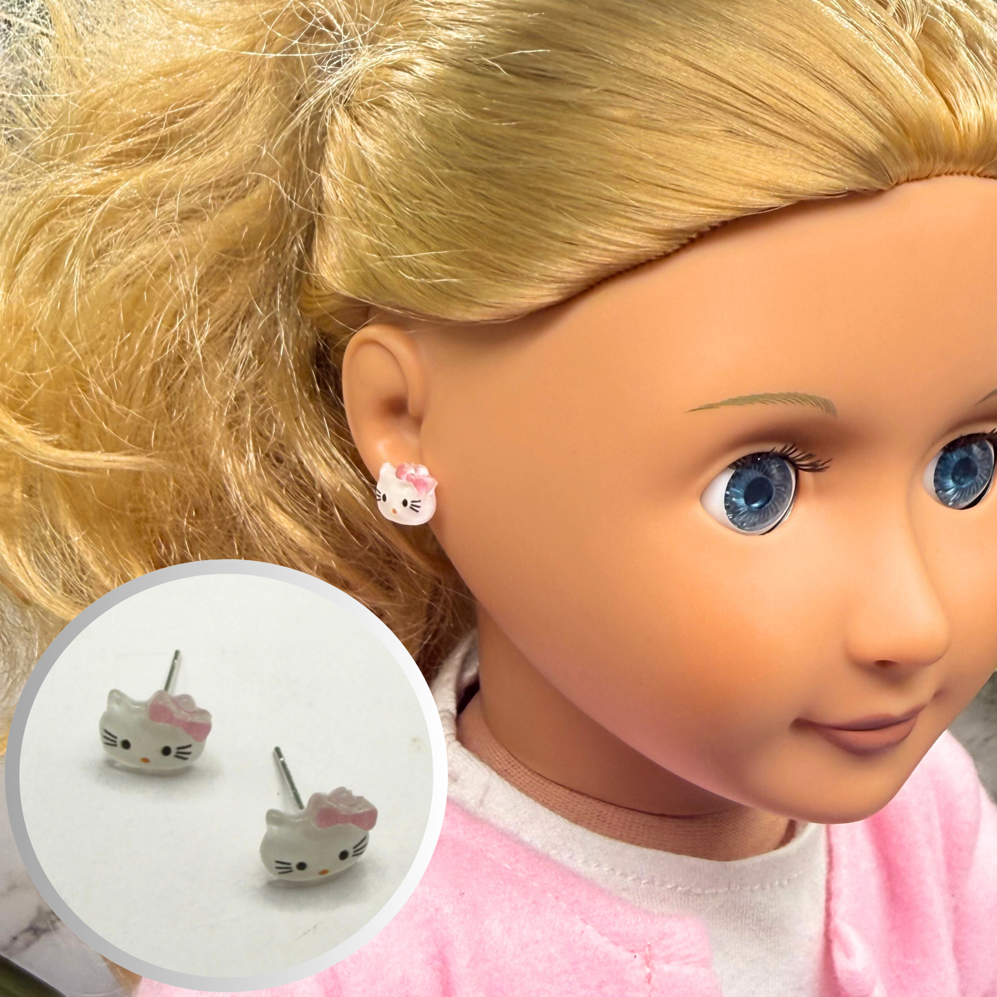 Hello Cat Kitty Pink Bow Post Doll Earrings • 18 Inch Fashion Doll Jewelry