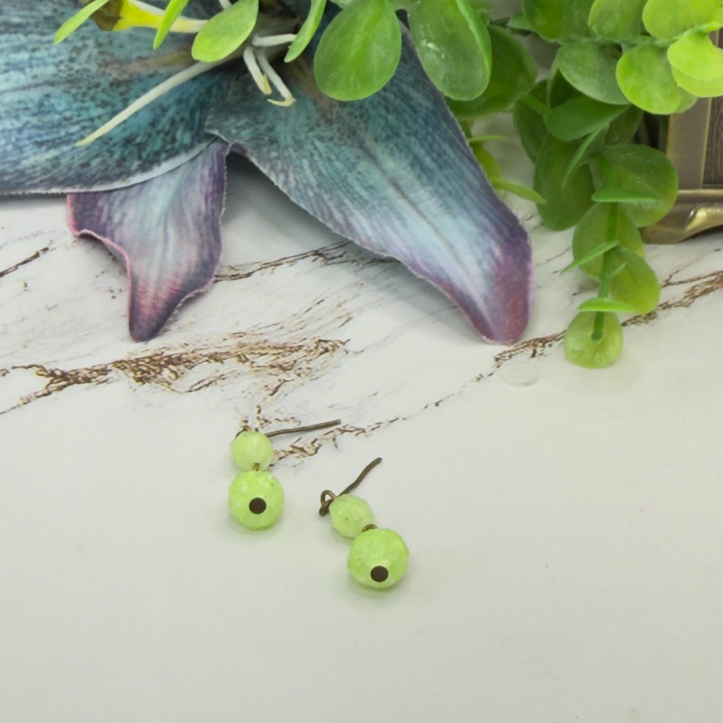 Lime Green Textured Beads Bronze Setting Dangle Doll Earrings • 18 Inch Fashion Doll Jewelry