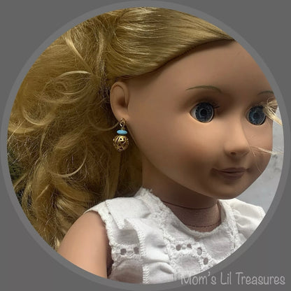 Blue Glass Gold Filigree Ball Dangle Doll Earrings • 18” Fashion Doll Jewelry