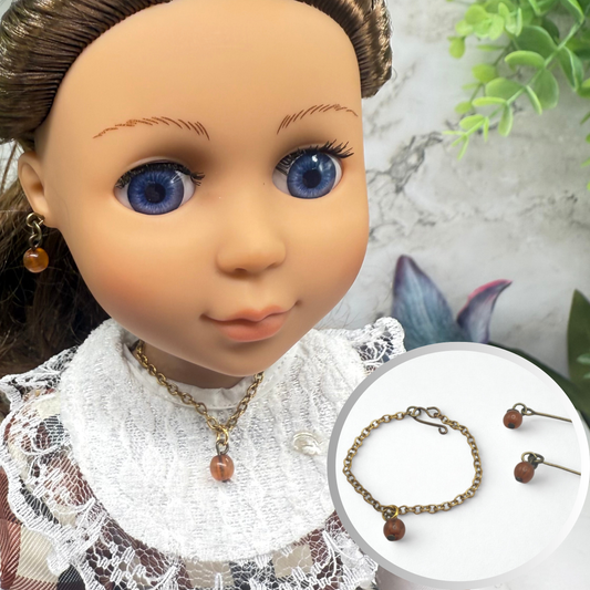 Brown Acrylic Drop Bead Gold Chain Doll Necklace & Earrings • 14 Inch Fashion Doll Jewelry