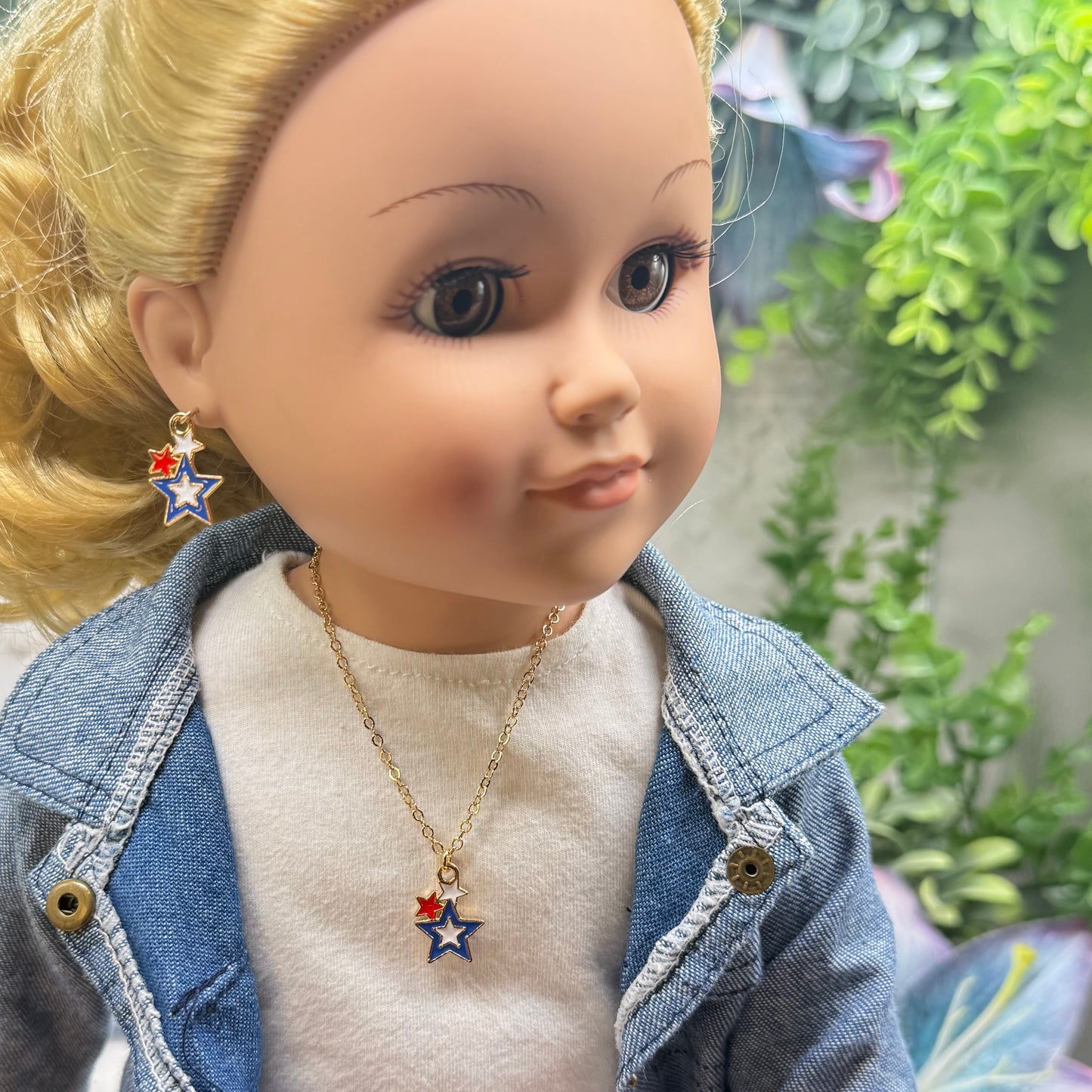 Red White Blue Multi Star Charm Doll Necklace & Earrings Set for 18 Inch Fashion Doll