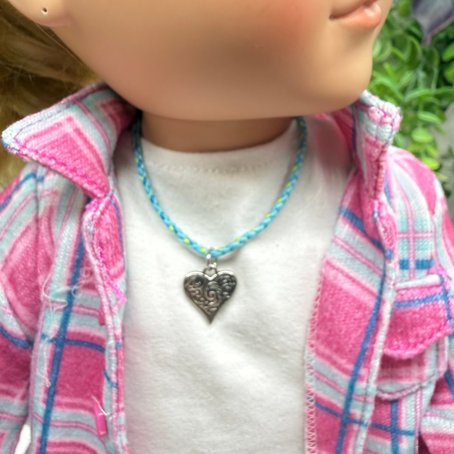 Turquoise Light Blue Braided Thread Doll Necklace Silver Heart Charm • 18 Inch Fashion Doll Jewelry