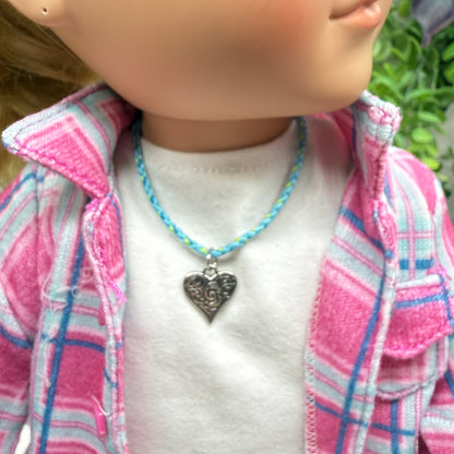 Turquoise Light Blue Braided Thread Doll Necklace Silver Heart Charm • 18 Inch Fashion Doll Jewelry