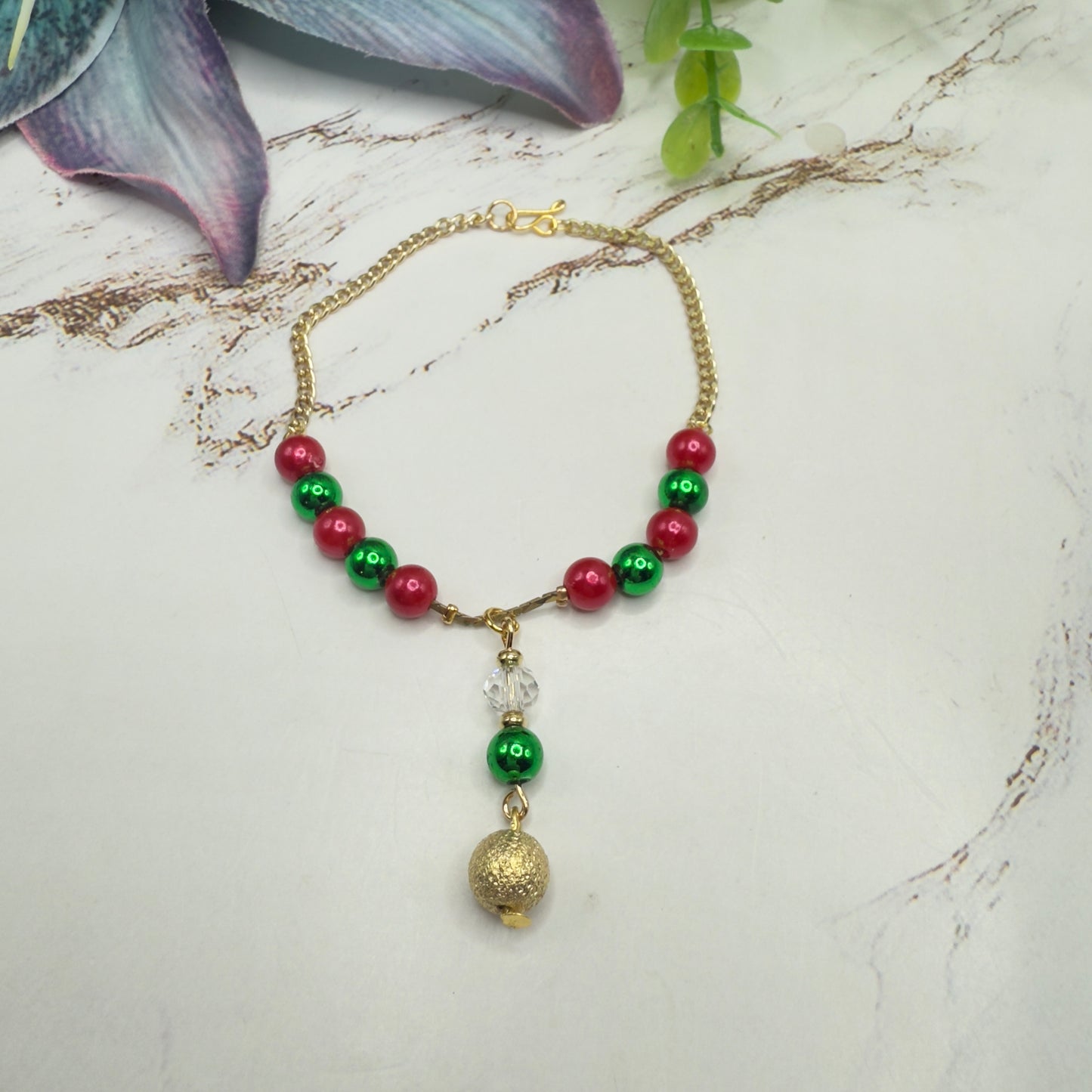 Green & Pinkish Red Pearly Bead Gold Chain Christmas Doll Necklace • 18 Inch Fashion Doll Jewelry