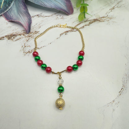Green & Pinkish Red Pearly Bead Gold Chain Christmas Doll Necklace • 18 Inch Fashion Doll Jewelry