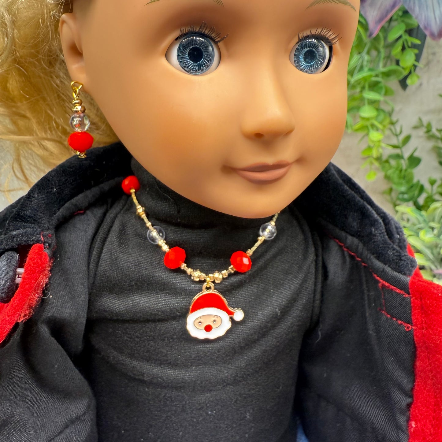 Red & Clear Acrylic Beads Santa Charm Gold Doll Necklace and Earrings Set • 18 Inch Fashion Doll Jewelry