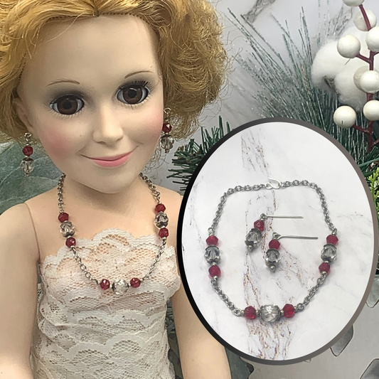 Red Clear Glass Crystal Silver Chain Necklace Earring Set 18-22” Doll Jewelry for 18-22” Doll Jewelry