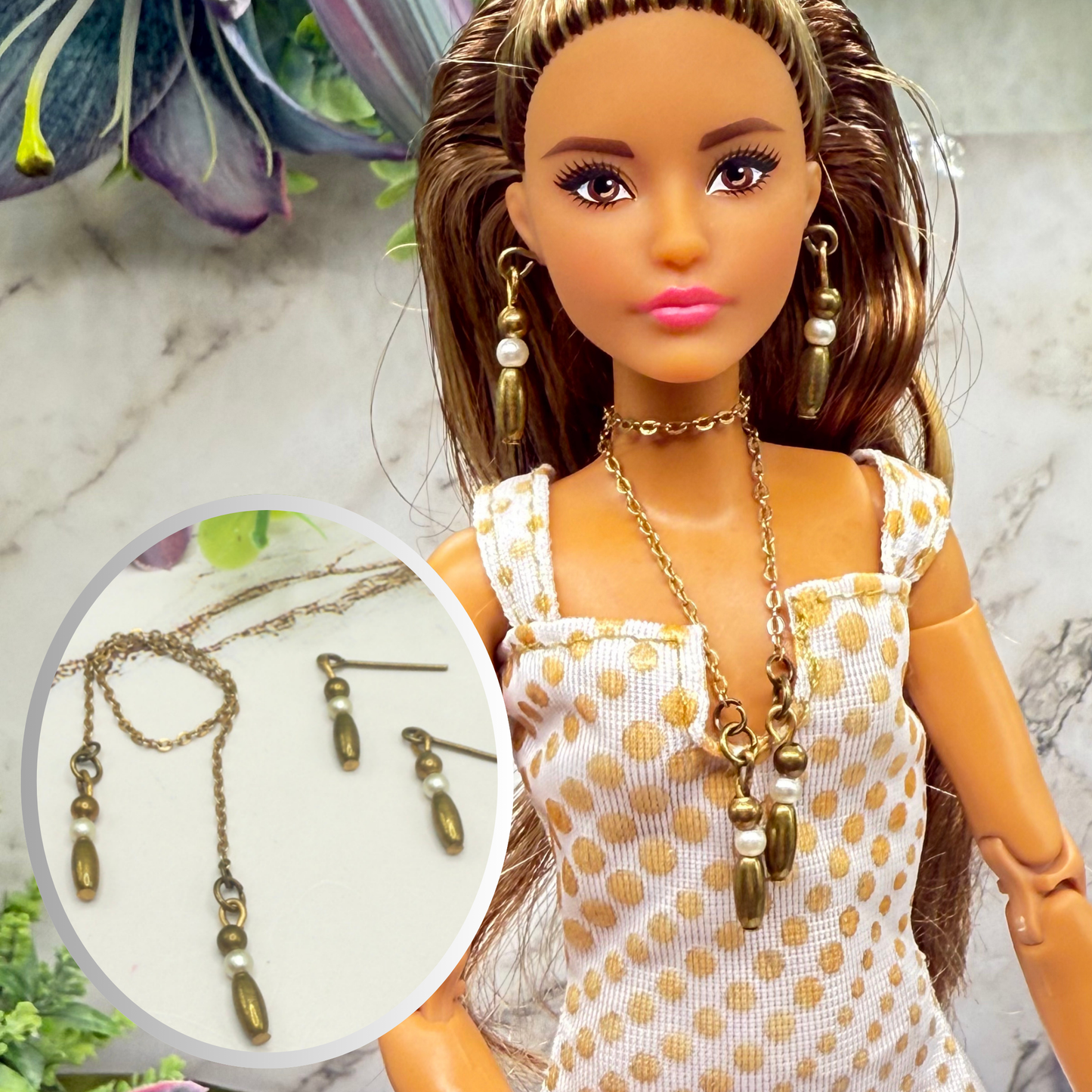 Brass Bronze Pearl Drop Wrap Doll Necklace / Belt & Earrings • 10-12 Inch Fashion Doll Jewelry 1:6