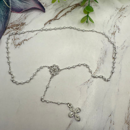 White Pearl Silver Chain & Cross • Doll Size Catholic Rosary for 18-22” Fashion or Vintage Dolls