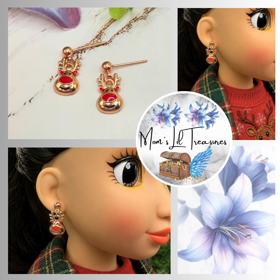Copper Rose Gold Tone Rudolph Red Nose Reindeer Christmas Dangle Doll Earrings • 18 Inch Fashion Doll Jewelry