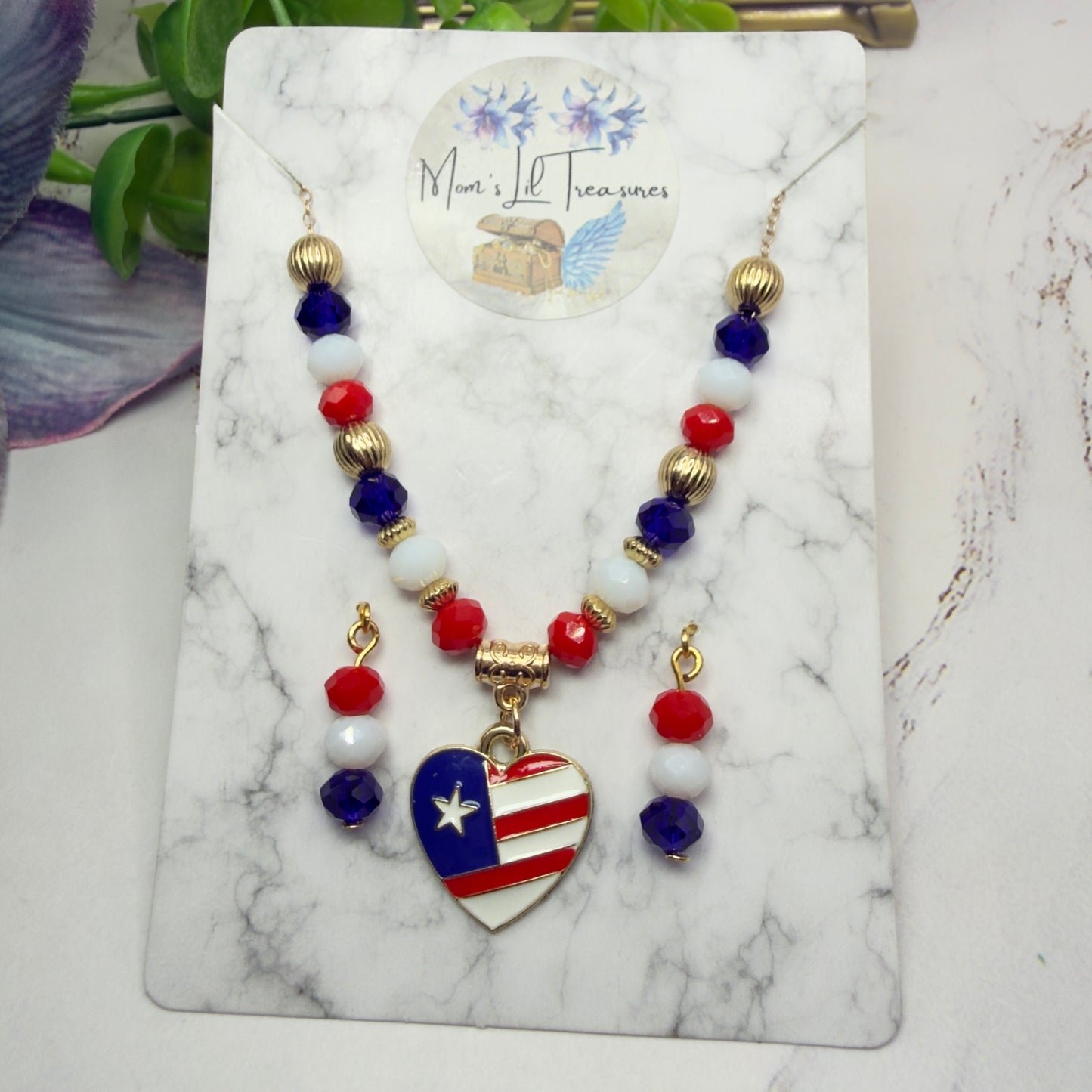 Red White Blue Beaded Heart Charm American Flag Doll Necklace & Earrings for 18 Inch Fashion Doll