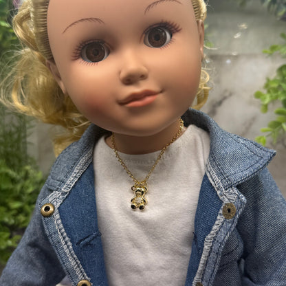 Gold Teddy Bear Rhinestone Accented Pendant Doll Necklace • 18 Inch Fashion Doll Jewelry